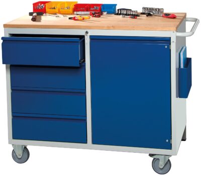 Montagewagen RAU 7000, Serie Basic-7 mit 4 Schubladen und Buche-Massiv-Arbeitsplatte, 1145 x 975 x 650 mm