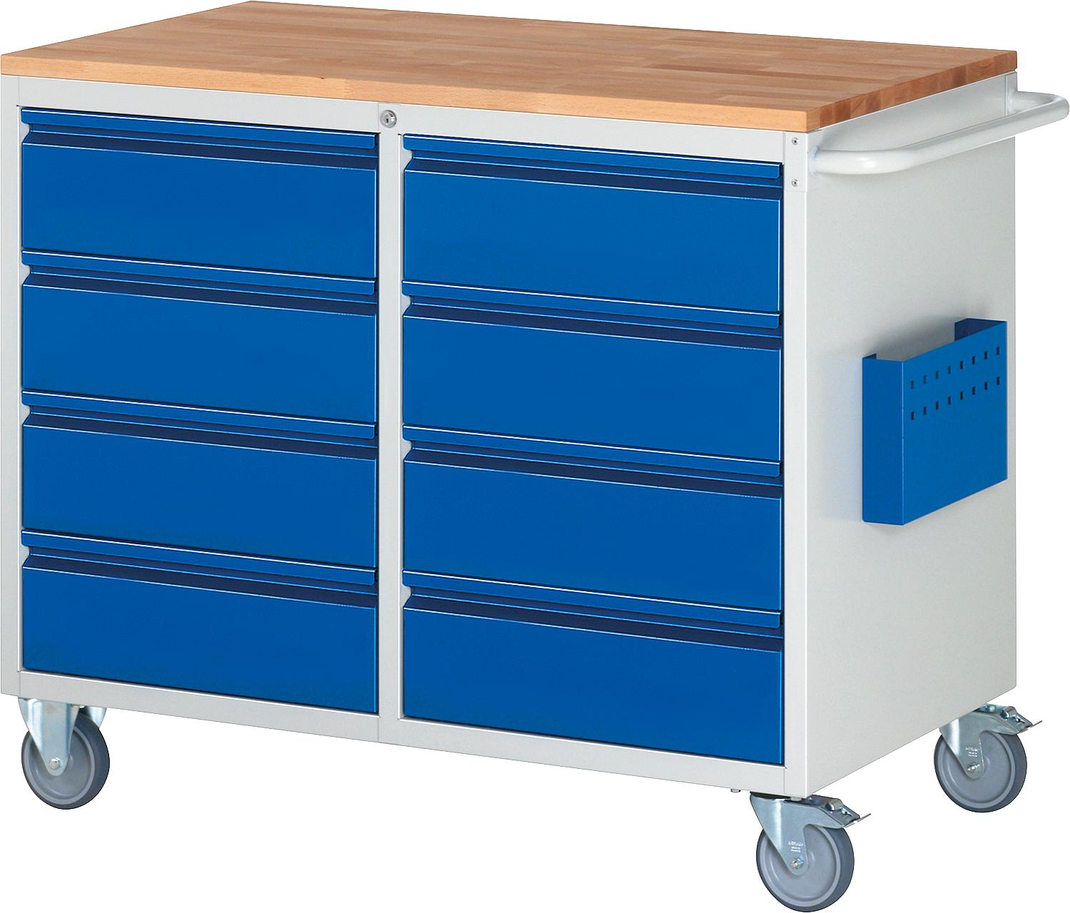 Montagewagen RAU 7000 Serie Basic-7 mit 8 Schubladen und Buche-Massiv-Arbeitsplatte, 1145 x 975 x 650 mm
