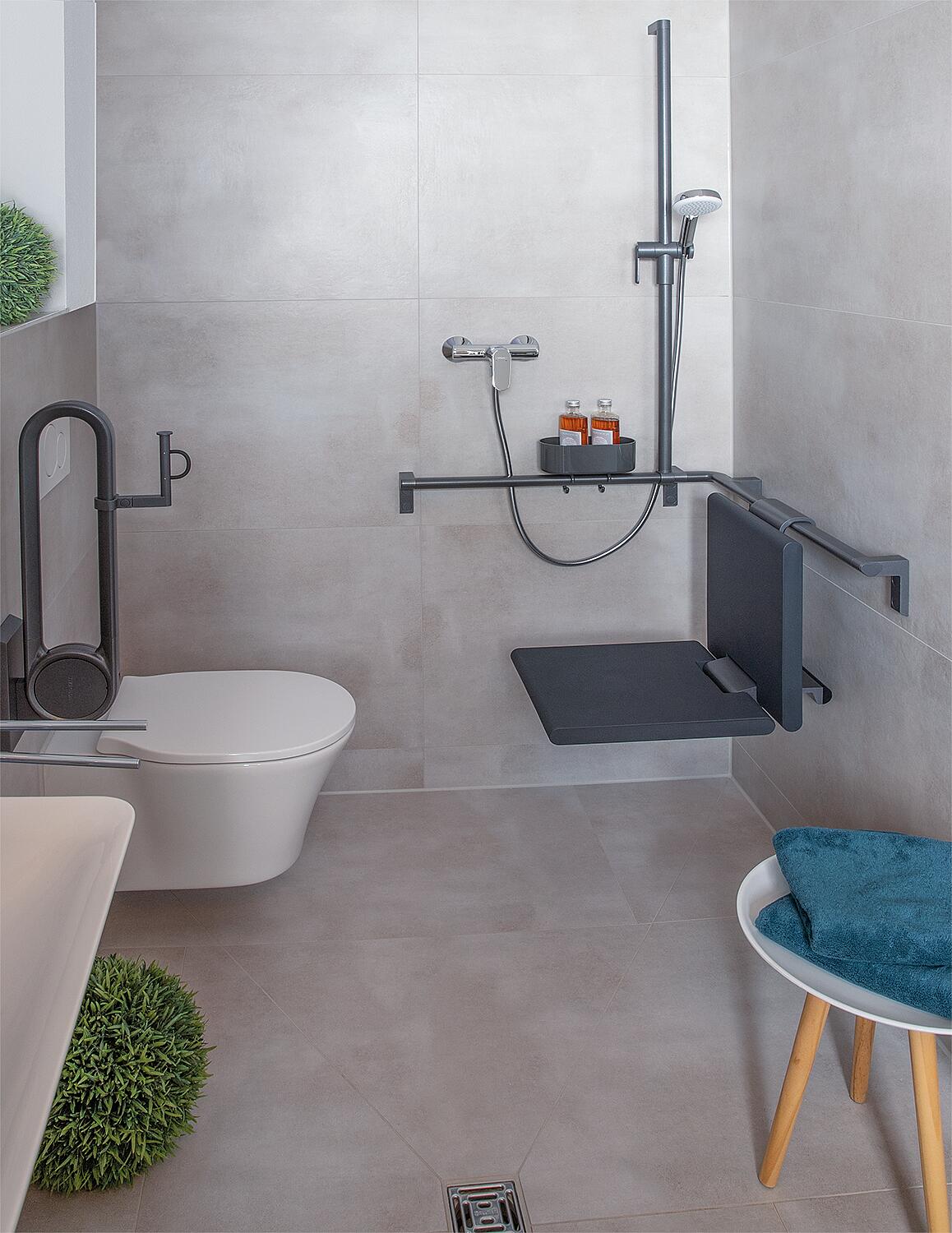 Duschhandlauf Serie Cavere aus Alu., Anthrazit-Metallic 95, 750x750x1200, mit Brausehalter u. Befest – Bild 3